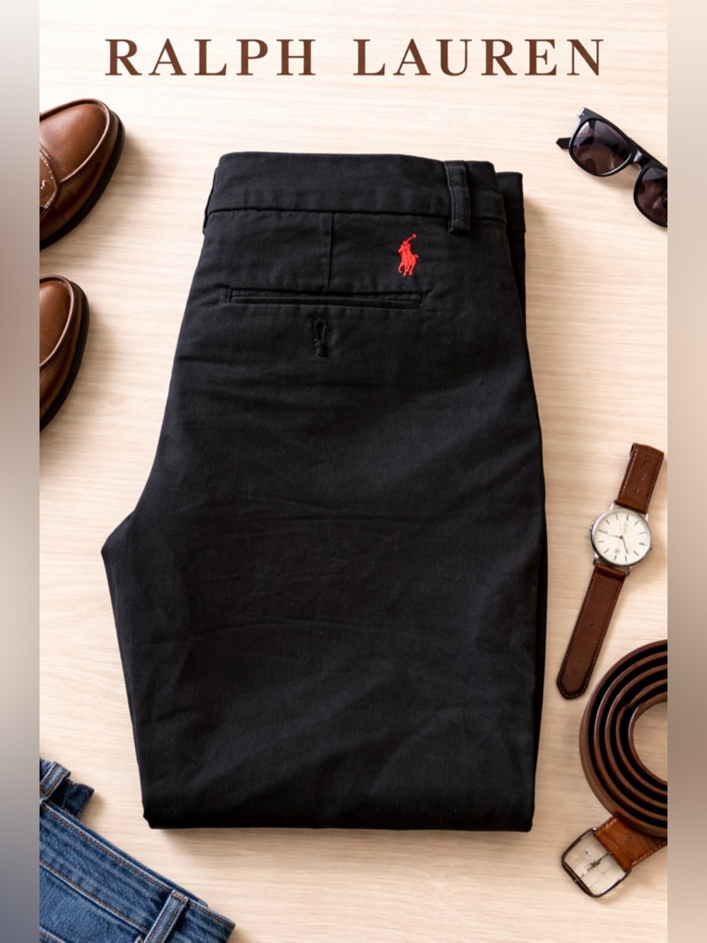 Boys Ralph Lauren Black Chino Pants with Red Pony Embroidery
